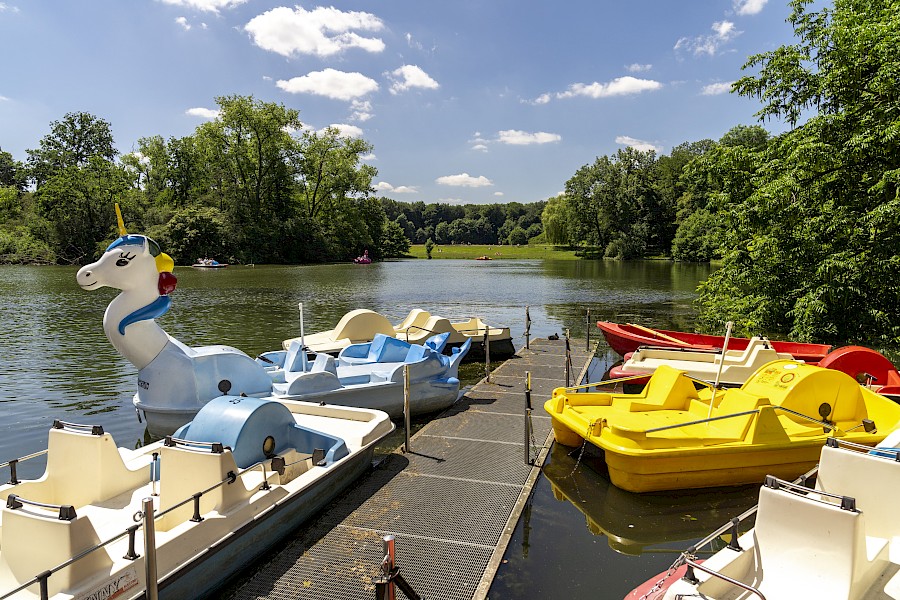 Wer Lust hat, kann auch mit dem Einhorn-Tretboot eine Runde auf dem Weiher drehen. | Die Kölner Parkweiher – Decksteiner Weiher